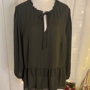 LOFT Black Peplum Blouse with Tie-Neck